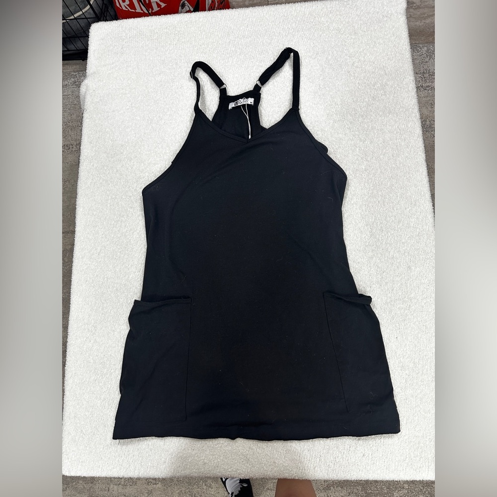 Womens black Workout Romper Dress with Shorts Sleeveless Spaghetti Straps